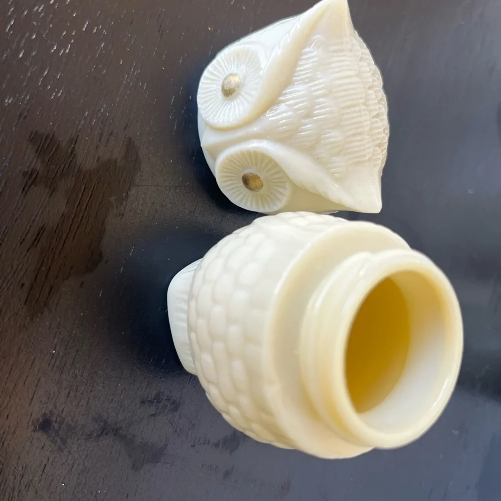 Trio of Cream Owl Jar Figurines with Gold Accents